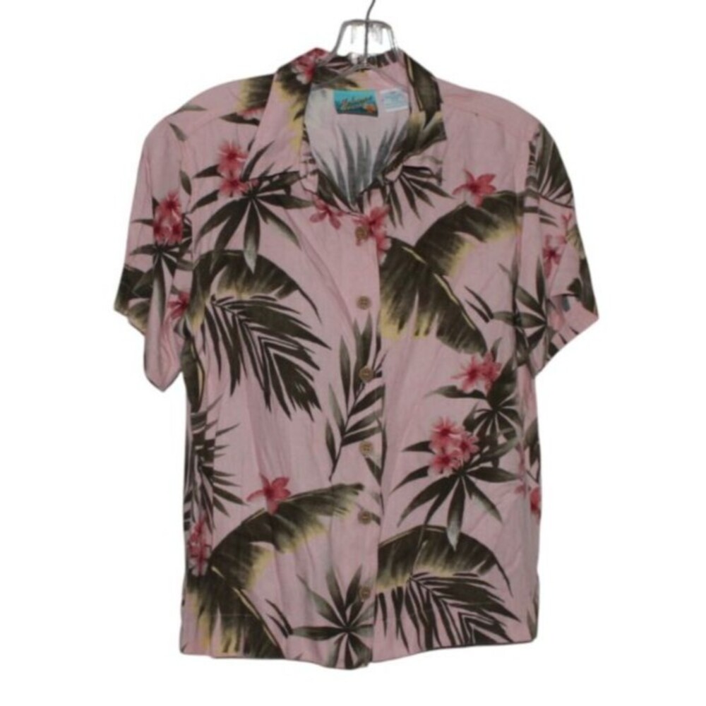 Vintage Bahama Beach Blouse Shirt Tropical Floral Green & Pink Petite Medium
